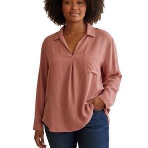 JJill‎ Pink V Neck Collared Long Sleeve Pocket Tunic Shirt Top XL Athleisure